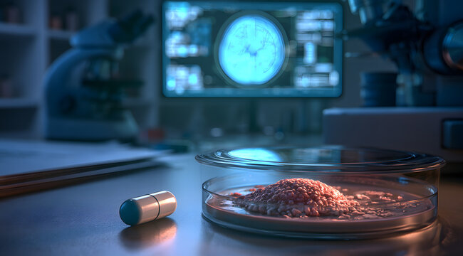 A concentrated oncology lab display features a nicotinamide pill next to cultivated brain tumor cells in a petri dish, a microscope, and a brain scan illuminated on a monitor, highlighting nutrient-dr
