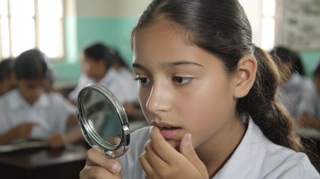 Learner practicing intonation by watching their mouth in a handheld mirror main subject in sharp focus against an indistinct classroom setting.
