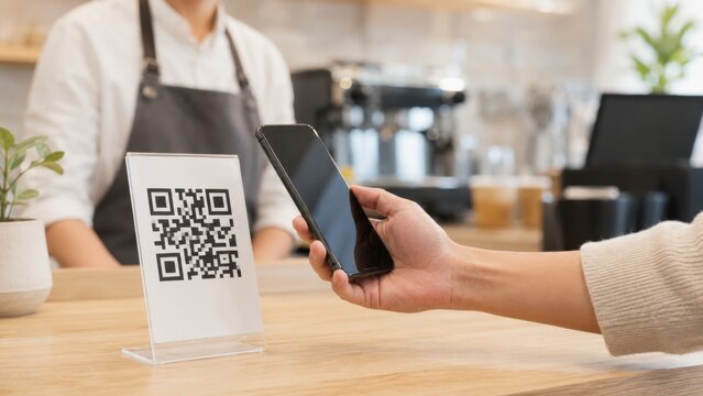 Hand holding smartphone scanning QR code at a cafe counter with barista in apron and coffee equipment visible in the background