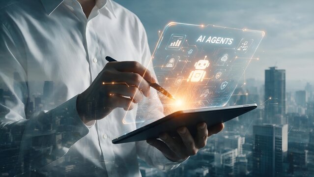 Professional businessman interacting with holographic artificial intelligence interface on modern tablet device featuring glowing futuristic graphics and data visualization charts against blurred metr