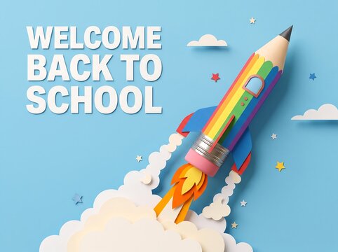 Creative back to school concept with a colorful rainbow pencil rocket launching into space on a light blue background for education
