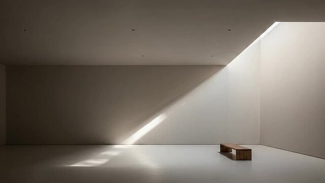 A minimalist room features a wooden bench under soft light