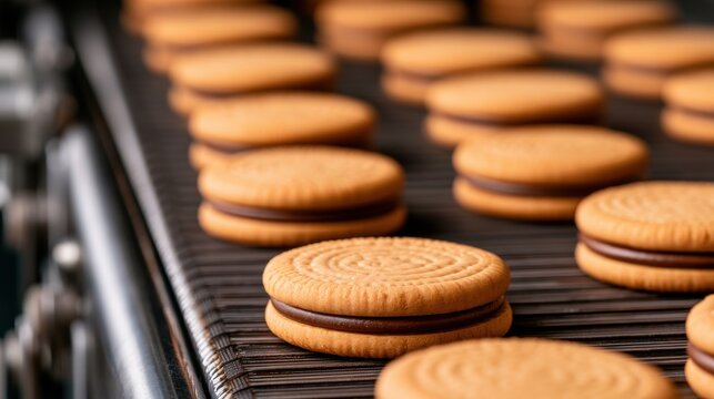 Close-up of chocolate cream cookies on a conveyor belt. Ideal for food industry, confectionery, and sweet treat.