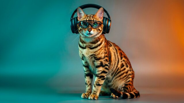 Cool bengal cat wearing modern headphones and stylish glasses against a vibrant dual tone studio background