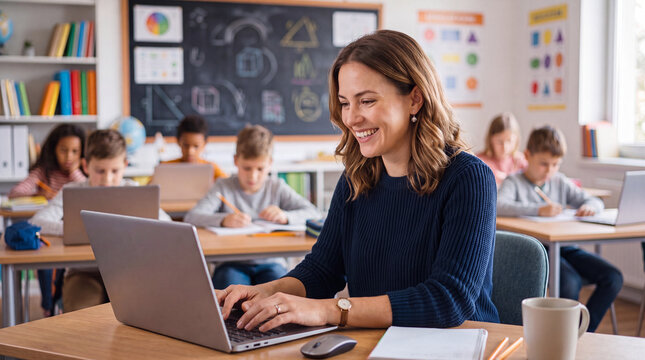 Smiling Female Teacher Working on Laptop at Desk in Classroom with Students Studying in Background, E-Learning and Modern Education Concept.