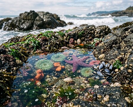 Colorful starfish and sea anemones in tidal pool by rocky shore  