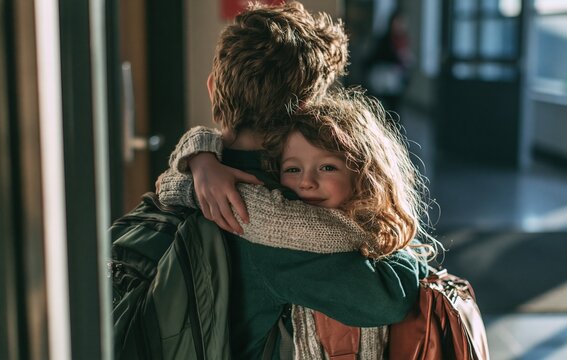 Parent Hugging Child, Embracing in Airport Terminal