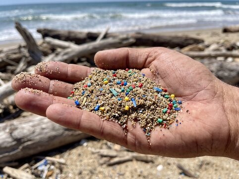 Hand holding colorful microplastics on beach with ocean in background  