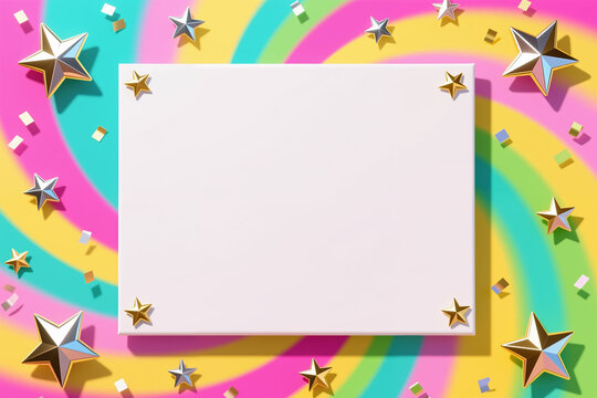 Surrounded by golden and silver stars on a vibrant rainbow background, perfect for a festive holiday greeting card in a playful style.