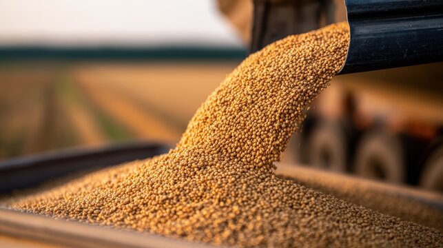 Golden grain pouring from a chute. Agriculture harvest concept for food industry.