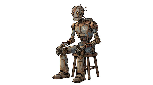 Vintage Robot Sitting on a Stool Isolated on White Background.