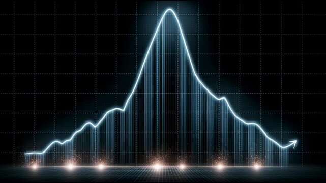 Stock market chart with a glowing line rising and dipping over a grid on a black background, looped financial footage.