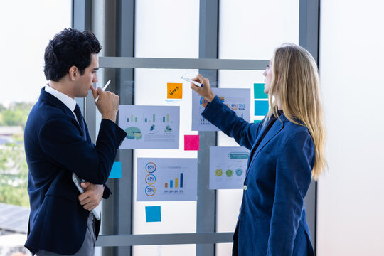 Two businessman and businesswoman partners  in suits smiling standing Talking Discussing presenting financial graph Concept on flip chart board  business expressed embolden and successful concept.
