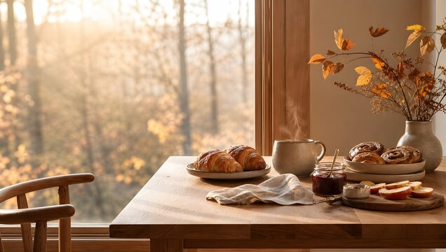 Breakfast table with croissants and coffee in sunlit room with autumn forest window view.