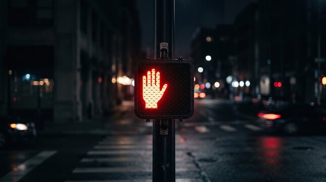 Red pedestrian stop signal glowing at night on dark city street with blurred cars.