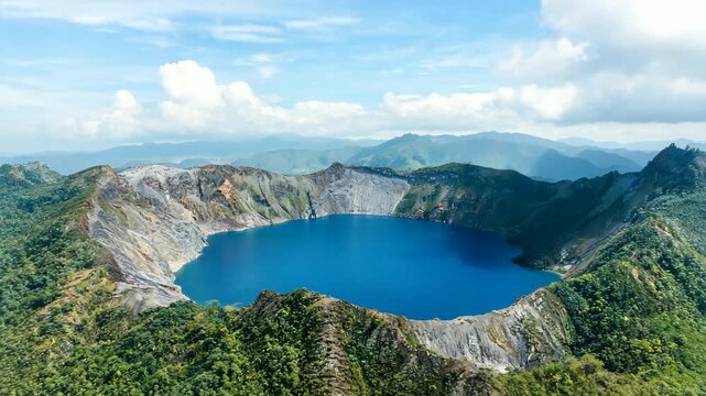 aerial drone descent over mount pinatubo crater lake philippines