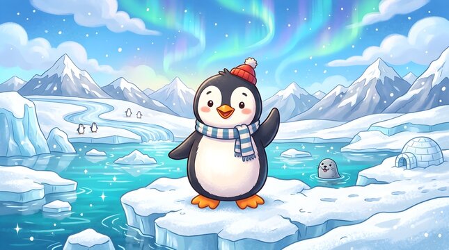 A cute, smiling cartoon penguin wearing a red beanie and striped scarf waving its flipper. The background features a beautiful winter arctic landscape with an igloo, a seal swimming, icebergs, snowy m