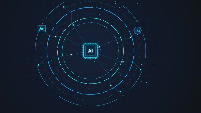 Artificial intelligence chip central processor with circular data nodes motion animation video