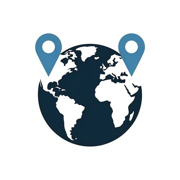 Black earth globe icon with two blue location map pins