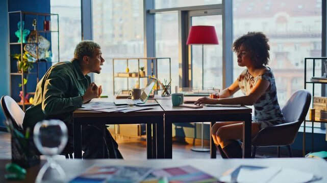 Business partners arguing office desk. Stressed coworkers disagreement conflict.