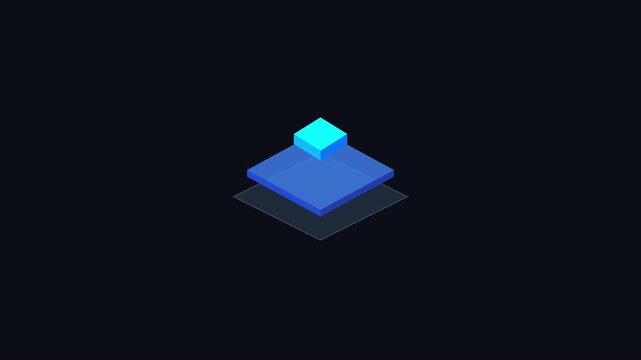 Minimalist isometric blue cube floating above platform animation for tech and digital projects 4k