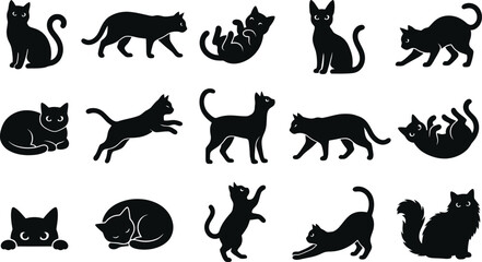 Obraz premium Collection of various black cat poses in a creative artistic style for a spooky halloween cat themed graphic silhouette