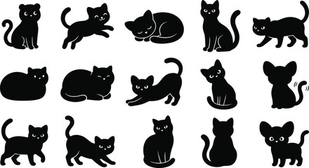 Obraz premium A collection of various cute black cats in different poses designed as a decorative halloween cat art silhouette