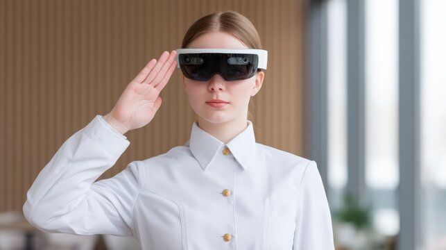 A young woman wearing futuristic augmented reality glasses salutes while dressed in a white, buttoned-up shirt in a modern, bright indoor setting.