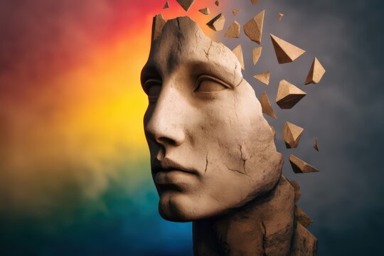 A fragmented stone face with pieces breaking away, set against a colorful blurred background, symbolizing decay, transformation, or mental fragmentation.