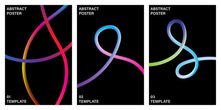 Set of three abstract posters featuring colorful glowing neon light trails isolated on a solid black background design