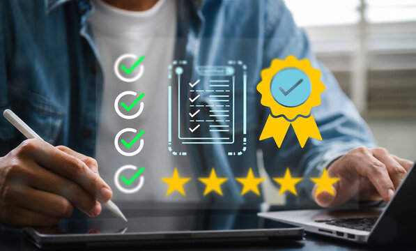 Businessman verifying quality assurance standard for corporate compliance certification. Digital service guarantee control system. Virtual inspection management approval rating with 5 star checkmark.