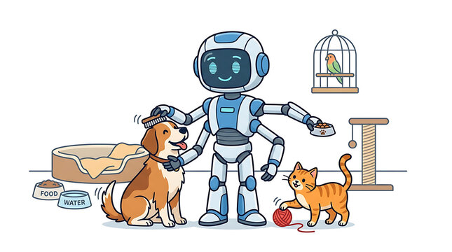 Friendly robot interacting with pets in a home environment.