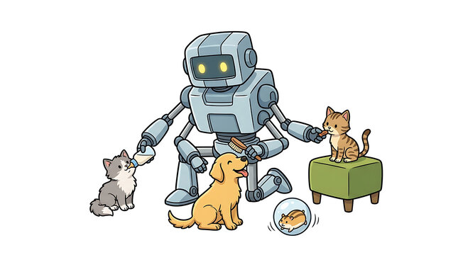 Friendly robot interacting with cute animals including cats and a dog.