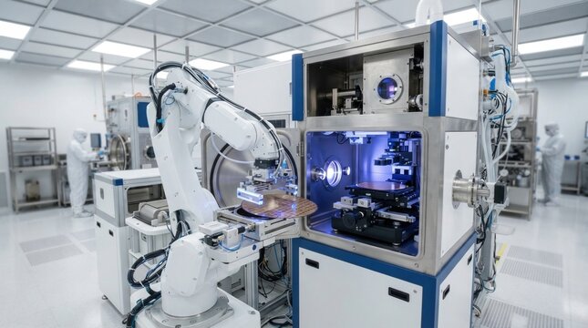 Semiconductor cleanroom equipment with wafer-handling robot, vacuum chamber, lithography stage, and silicon wafers.
