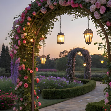 Rose covered archways in a garden with glowing hanging lanterns at twilight, lanterns