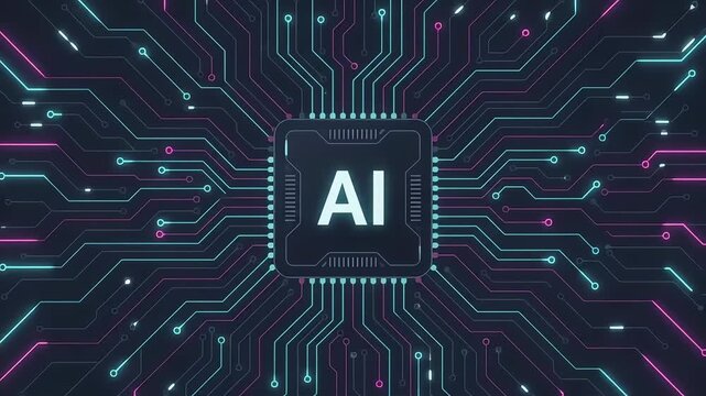 Seamless looping video of Artificial intelligence computer microchip concept with glowing circuit board traces and cyber network background