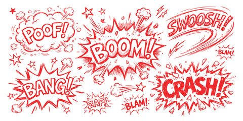 Set of colorful comic book style speech bubbles with action words like boom bang crash poof and swoosh effects © ZenVectors