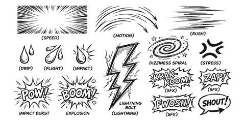 Set of hand drawn comic book effect elements with sound words speed lines explosion flash and action symbols © ZenVectors