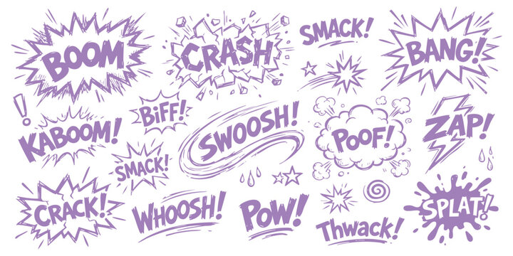 Set of hand drawn comic book sound effect speech bubbles with purple and black ink artistic sketch doodle style