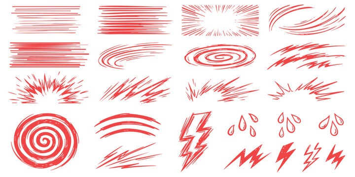 Set of hand drawn red comic book effect elements like speed lines spirals lightning bolts and water drops