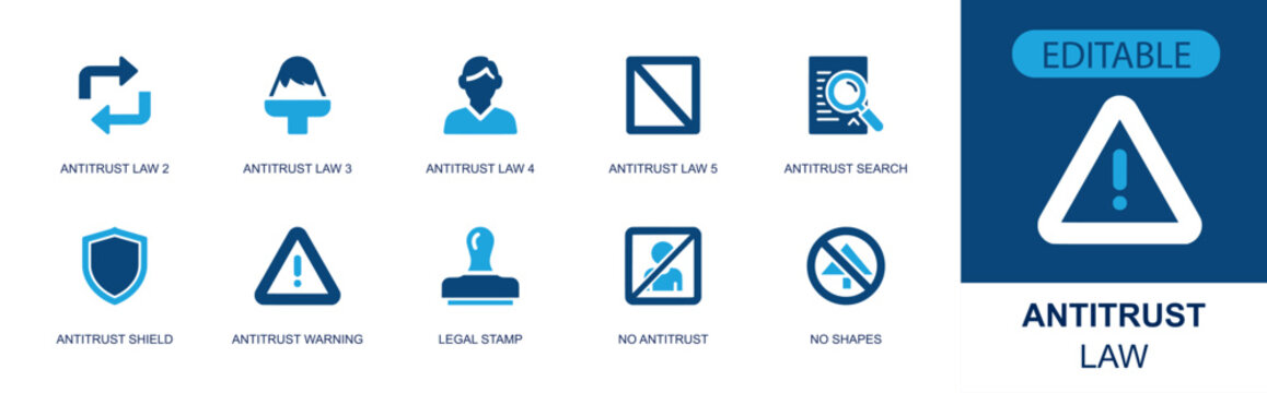 Antitrust law icon set containing exchange arrows, businesswoman, man, prohibition sign, document search, shield, warning, legal stamp, no monopoly and more as solid fill vector icons.