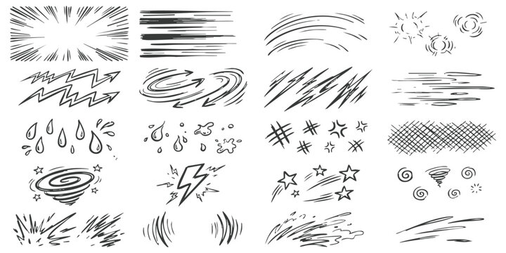 Collection of hand drawn manga style speed lines and comic book sound effect symbols for dynamic action