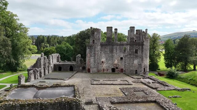 Historic Huntly Castle Scotland, Majestic 12th Century Fortress with Renaissance Architecture, Professional Drone Cinematic Footage