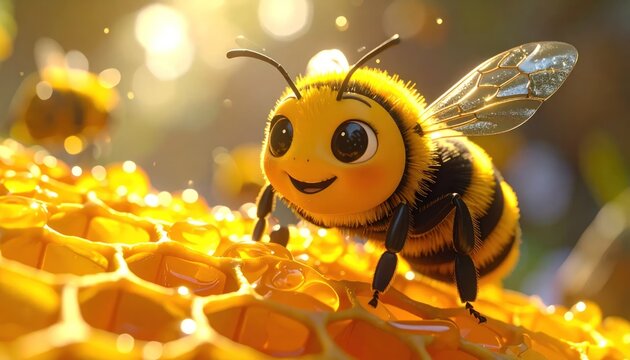 Cartoon 3D bee sitting on a golden honeycomb.