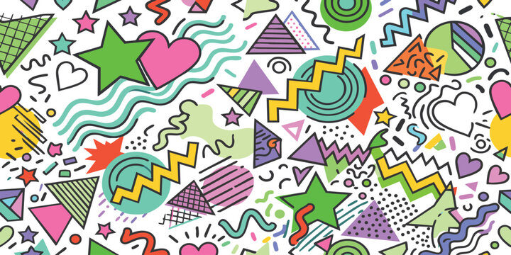 Seamless pattern with colorful geometric shapes and hand drawn doodle elements in retro 90s pop art style design