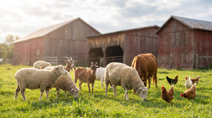 Fototapeta premium Group of farm animals including sheep and goats in a bright green field near rustic barns
