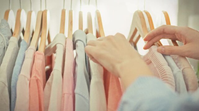 A girl goes through items on wooden hangers mindfully choosing only the pieces she truly needs. Concept of a conscious approach to shopping and building a capsule wardrobe