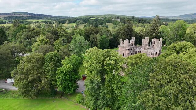 Cinematic Aerial Drone Orbit Around Huntly Castle, Historic 12th Century Fortress in Aberdeenshire, Scotland, United Kingdom
