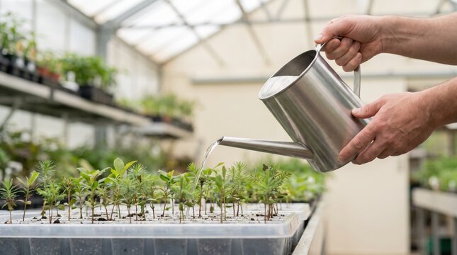 Hands using a metal watering can to water small pine seedlings in a plastic tray