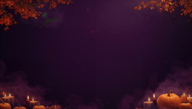 Escena decorativa de Halloween con velas brillantes, calabazas peque&ntilde;as, humo suave y fondo violeta con espacio para texto